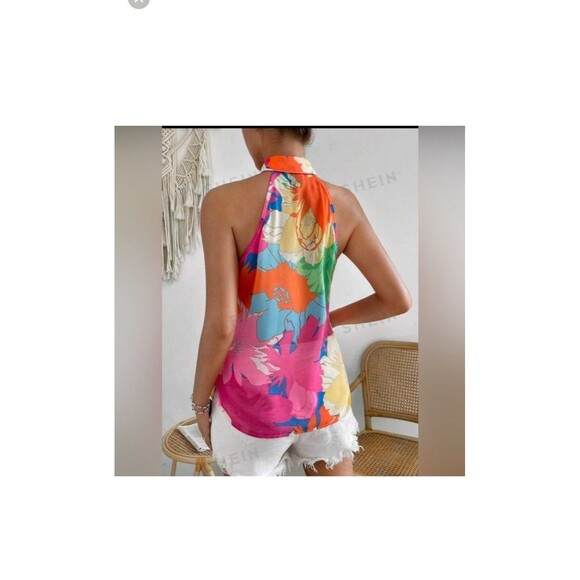 SHEIN Blouse Adult M Floral Colorful SemiSheer Shirt Women Buttons Sleeveless - Picture 7 of 12